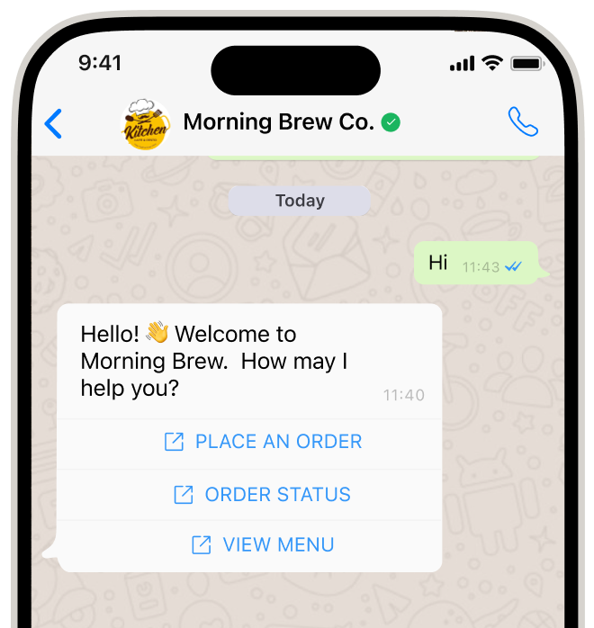 "WhatsApp Ordering System - Morning Brew Co. Dubai Restaurant Chat Interface on MENUITD UAE Platform"
